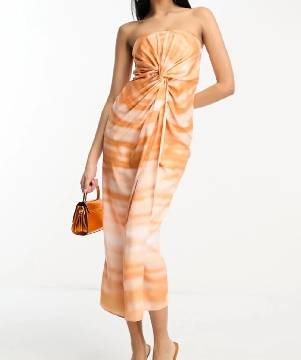 ASOS Strapless Orange Tie-Dye Twist Midi Dress